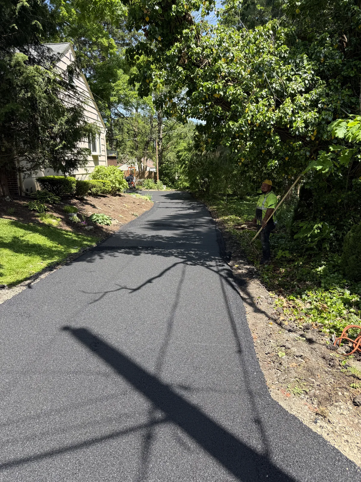 New asphalt driveway curving toward a home beneath mature trees
